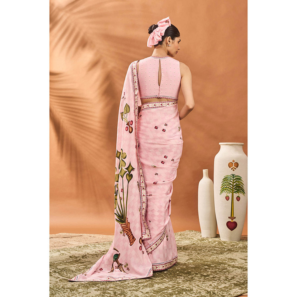 Masaba Pink Checkers Spade Bloom Saree with Unstitched Blouse