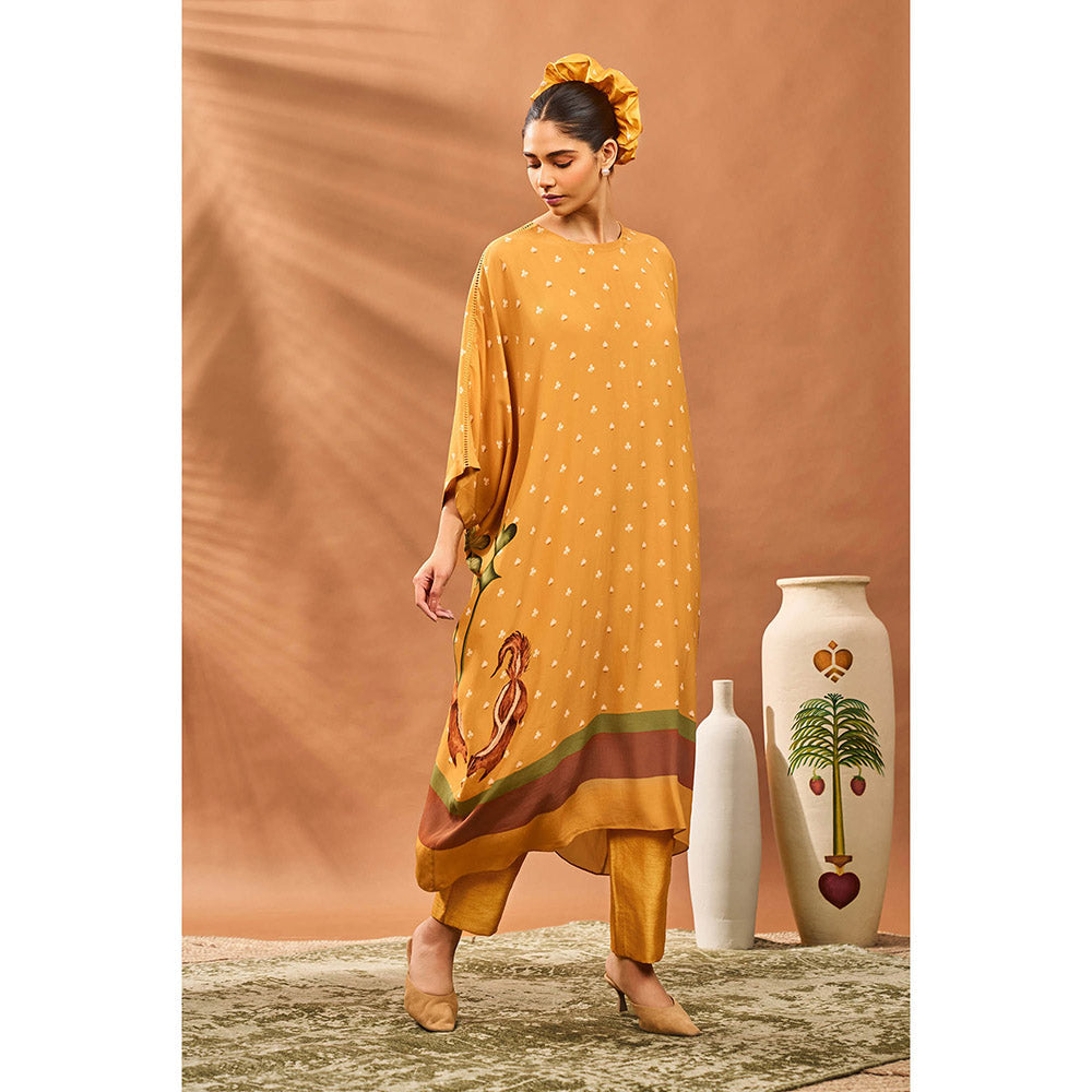 Masaba Yellow Spades Blossom Kaftan with Pant (Set of 2)