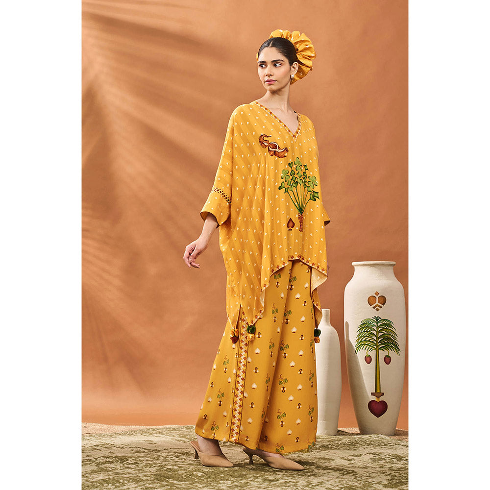 Masaba Mustard Ochre Spade Blossom Kaftan Top with Palazzo (Set of 2)