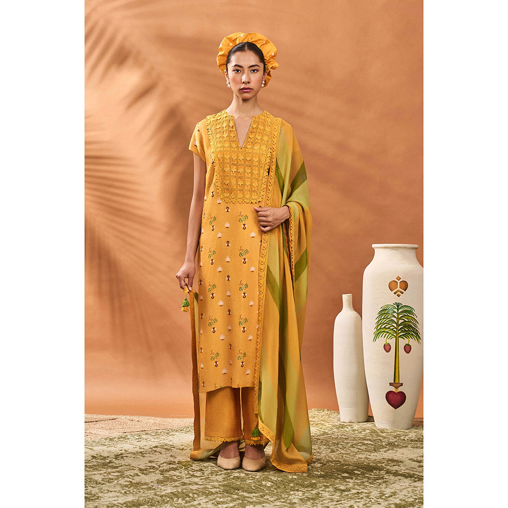 Masaba Yellow Spades Kurta with Pant and Dupatta (Set of 3)
