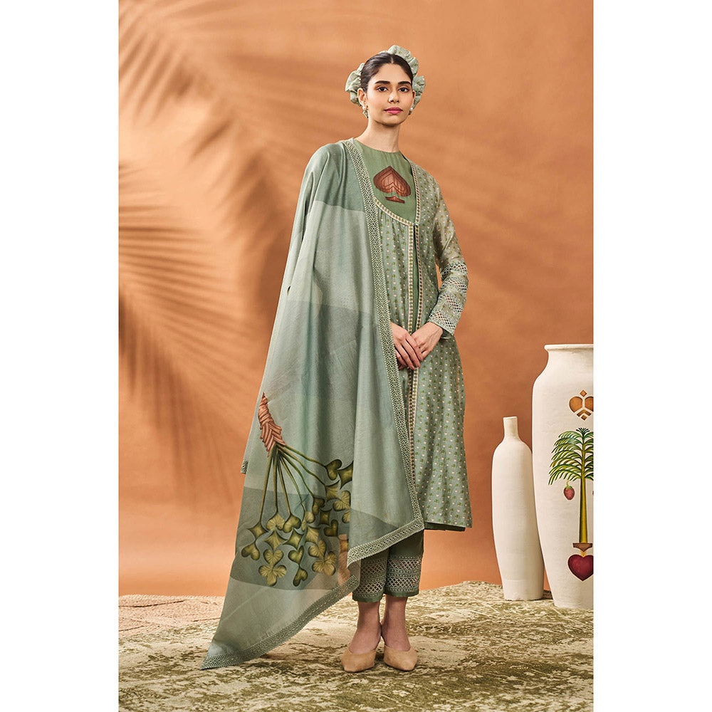 Masaba Sage Green Kurta with Pant, Jacket and Dupatta (Set of 4)