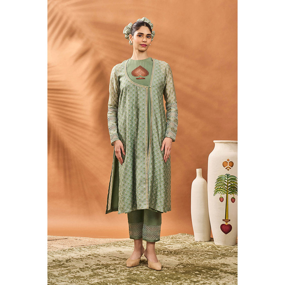 Masaba Sage Green Kurta with Pant, Jacket and Dupatta (Set of 4)