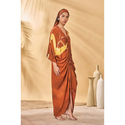 Masaba Brown Feathered Cinched Maxi Dress