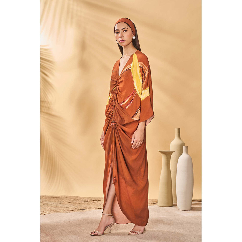 Masaba Brown Feathered Cinched Maxi Dress