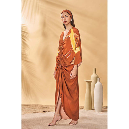 Masaba Brown Feathered Cinched Maxi Dress
