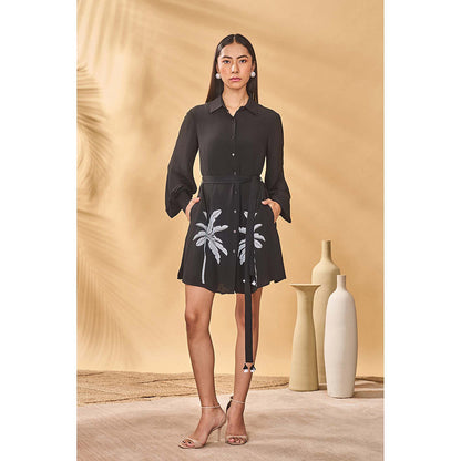 Masaba Black Trellis Palm Khadi Shirt Dress with Belt (Set of 2)