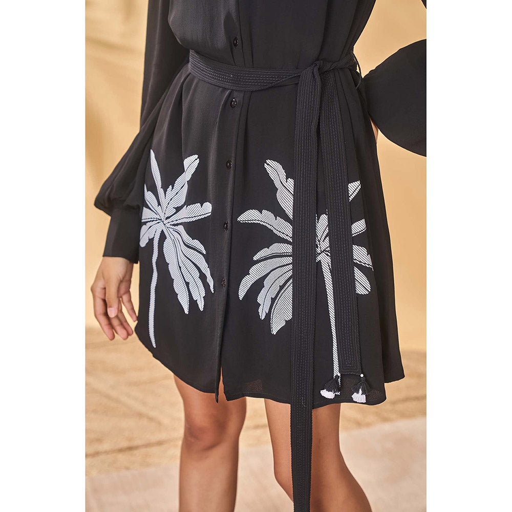 Masaba Black Trellis Palm Khadi Shirt Dress with Belt (Set of 2)