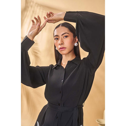 Masaba Black Trellis Palm Khadi Shirt Dress with Belt (Set of 2)