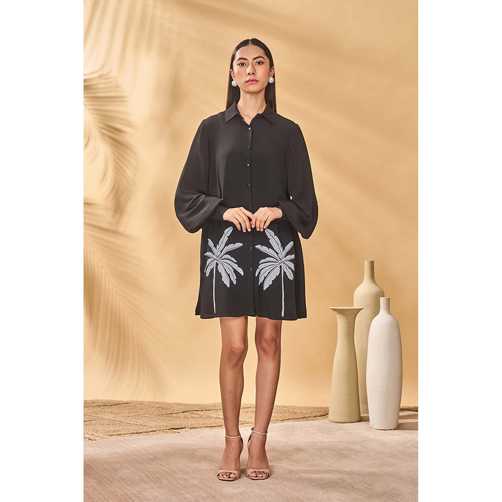 Masaba Black Trellis Palm Khadi Shirt Dress with Belt (Set of 2)