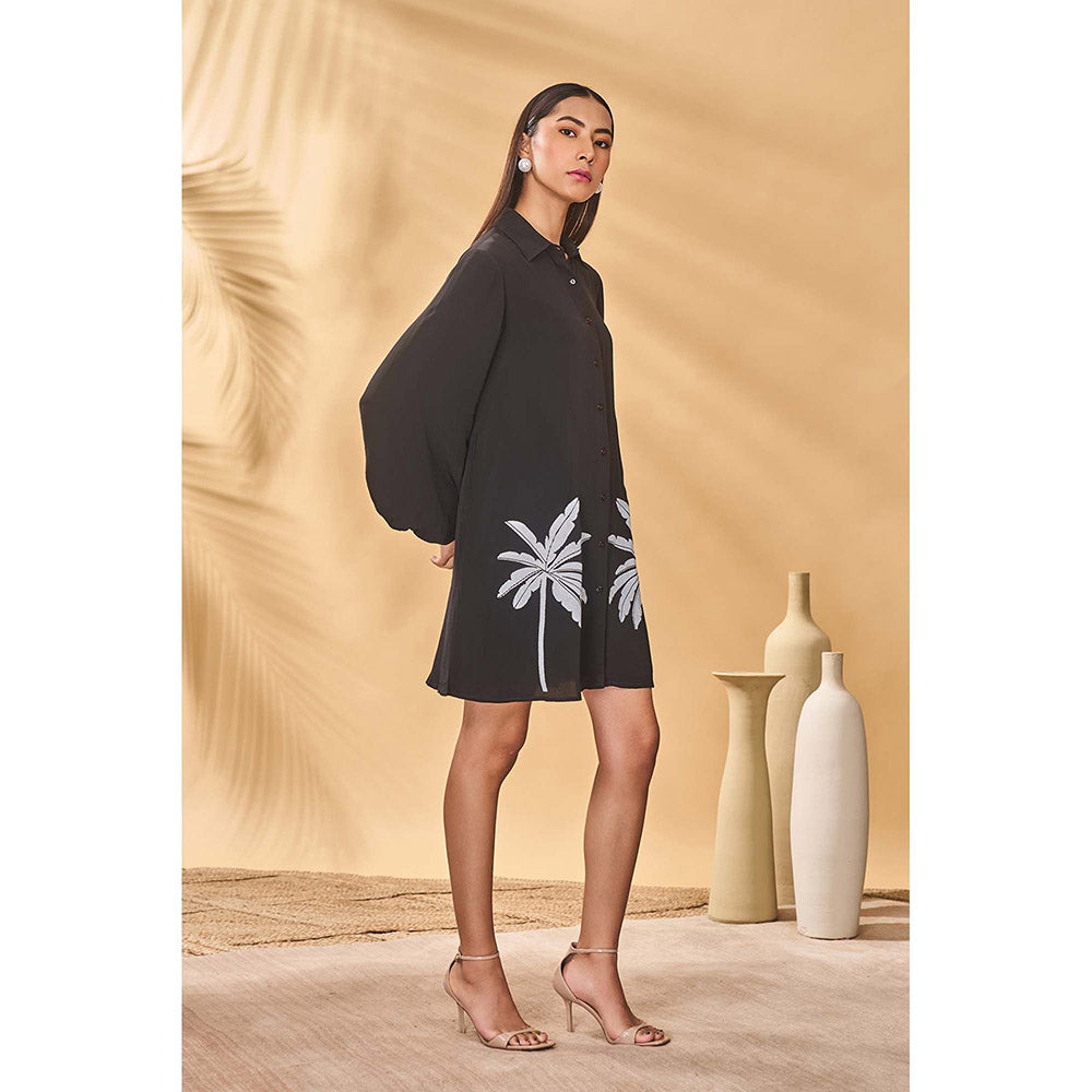 Masaba Black Trellis Palm Khadi Shirt Dress with Belt (Set of 2)