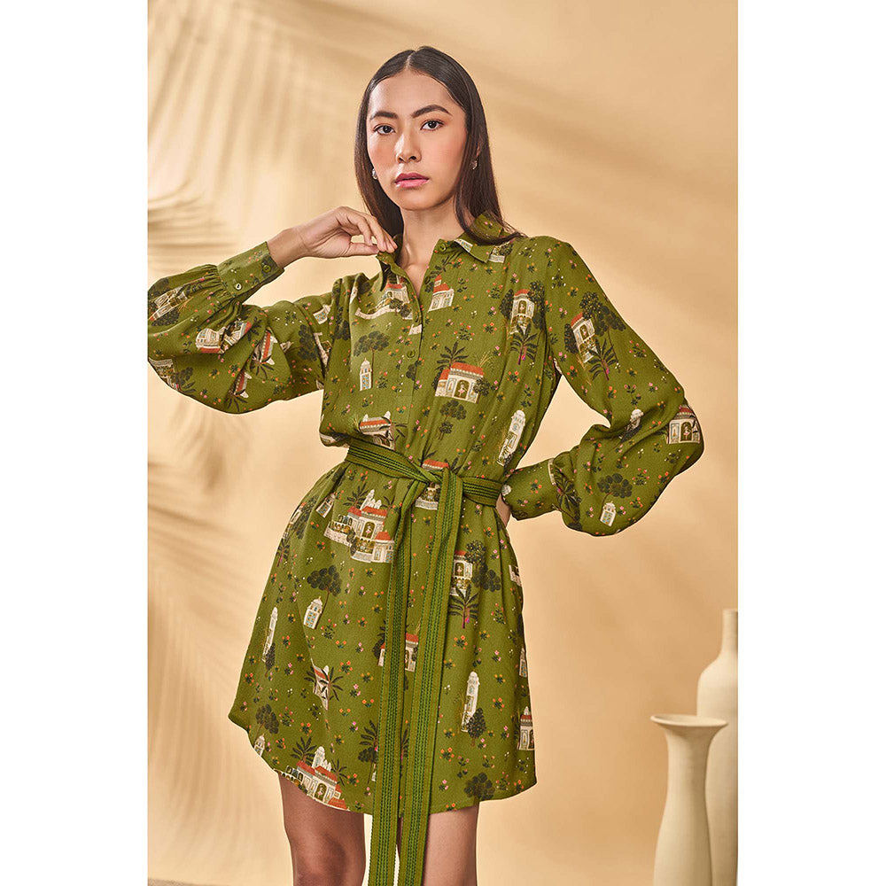 Masaba Olive Miniature Dreams Shirt Dress with Belt (Set of 2)