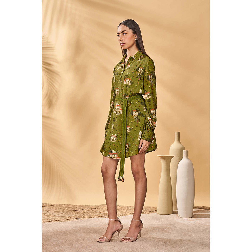 Masaba Olive Miniature Dreams Shirt Dress with Belt (Set of 2)