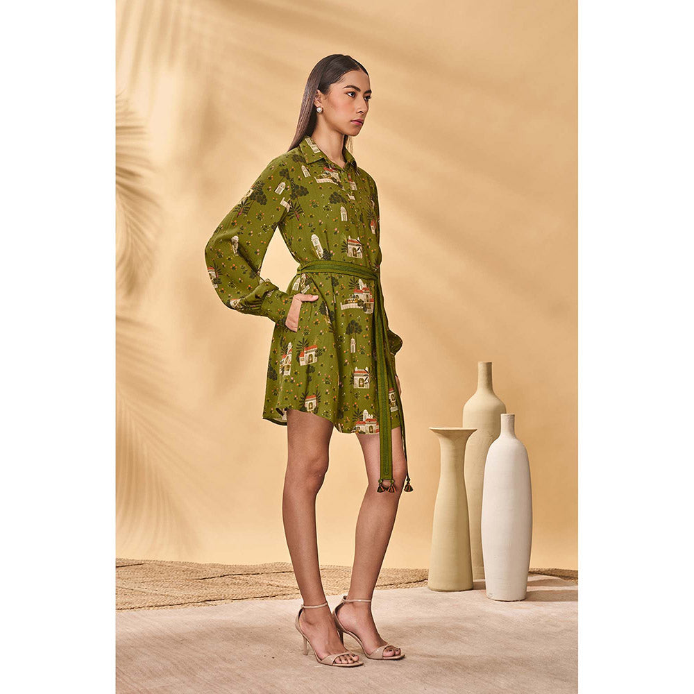 Masaba Olive Miniature Dreams Shirt Dress with Belt (Set of 2)