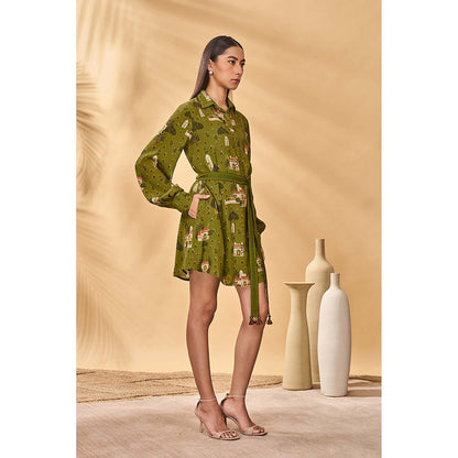 Masaba Olive Miniature Dreams Shirt Dress with Belt (Set of 2)