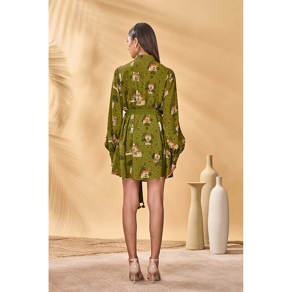 Masaba Olive Miniature Dreams Shirt Dress with Belt (Set of 2)