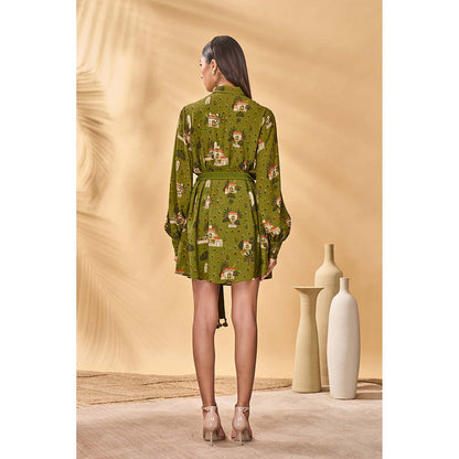 Masaba Olive Miniature Dreams Shirt Dress with Belt (Set of 2)