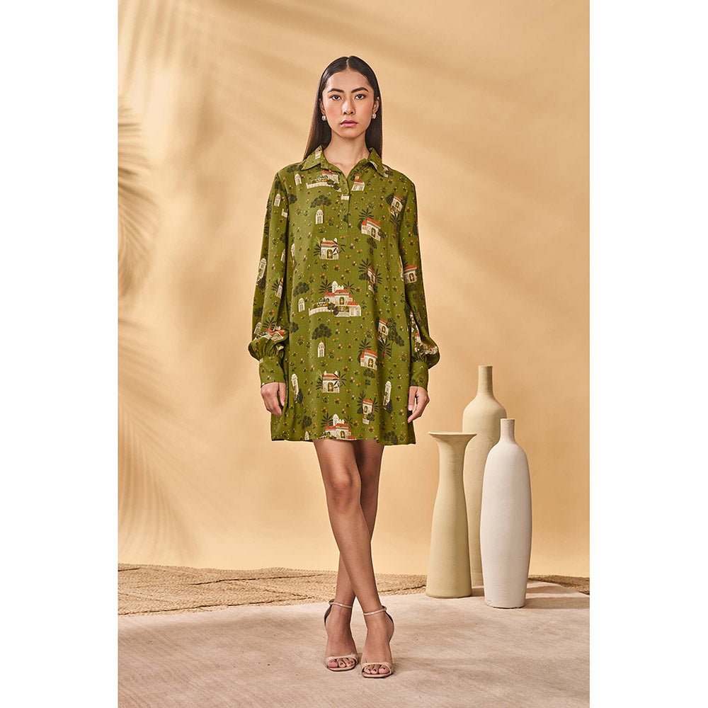 Masaba Olive Miniature Dreams Shirt Dress with Belt (Set of 2)