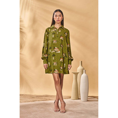 Masaba Olive Miniature Dreams Shirt Dress with Belt (Set of 2)