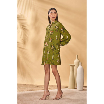 Masaba Olive Miniature Dreams Shirt Dress with Belt (Set of 2)