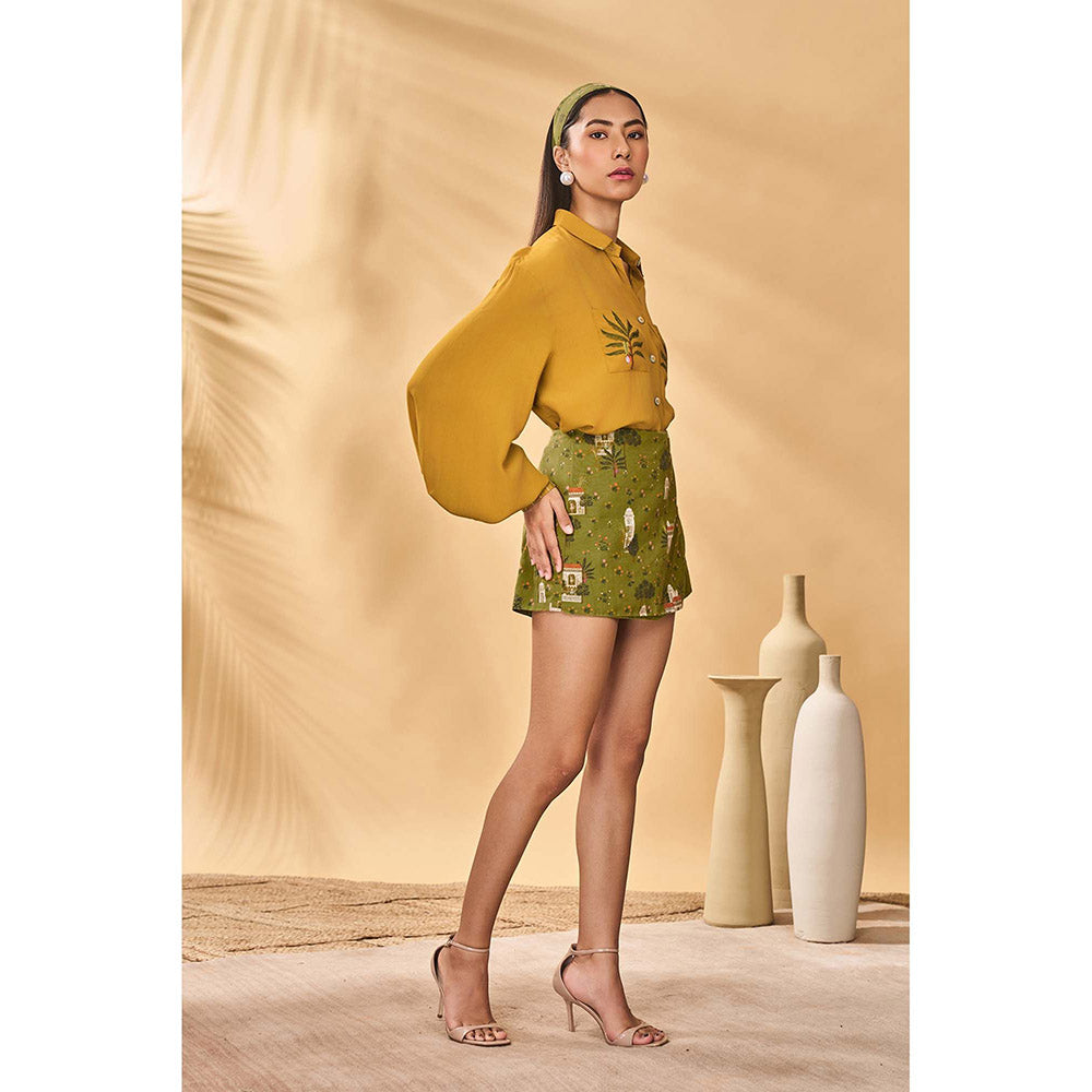 Masaba Mustard Miniature Dreams Skorts with Shirt (Set of 2)