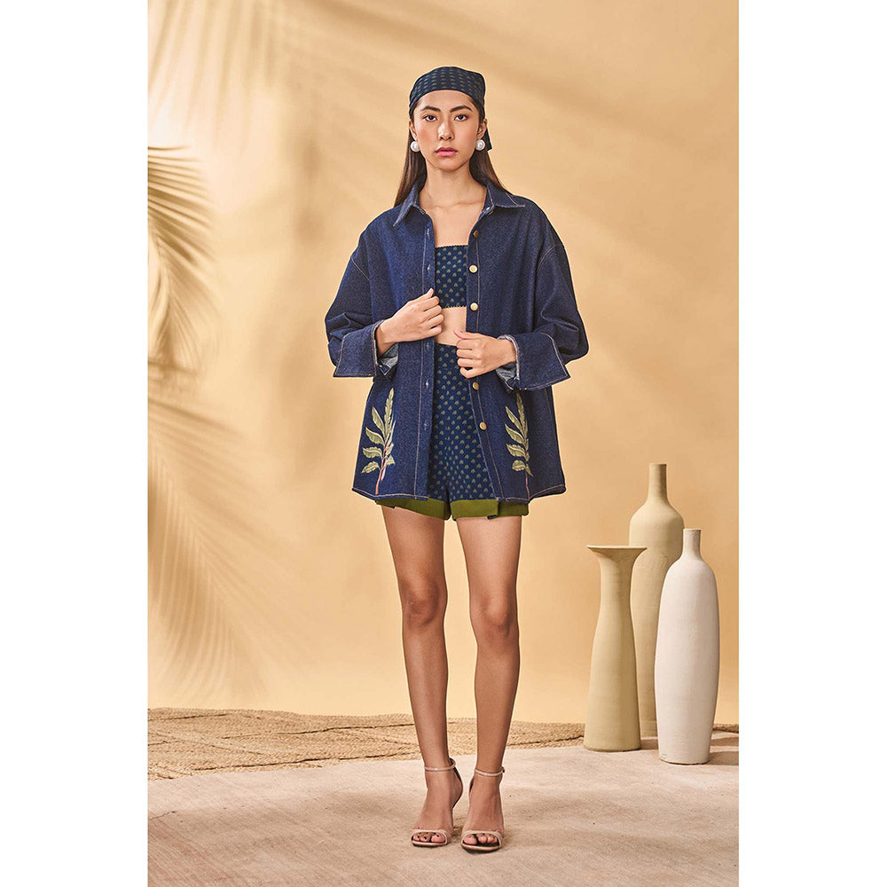 Masaba Blue Denim Trellis Shirt Short with Bustier and Shirt (Set of 3)