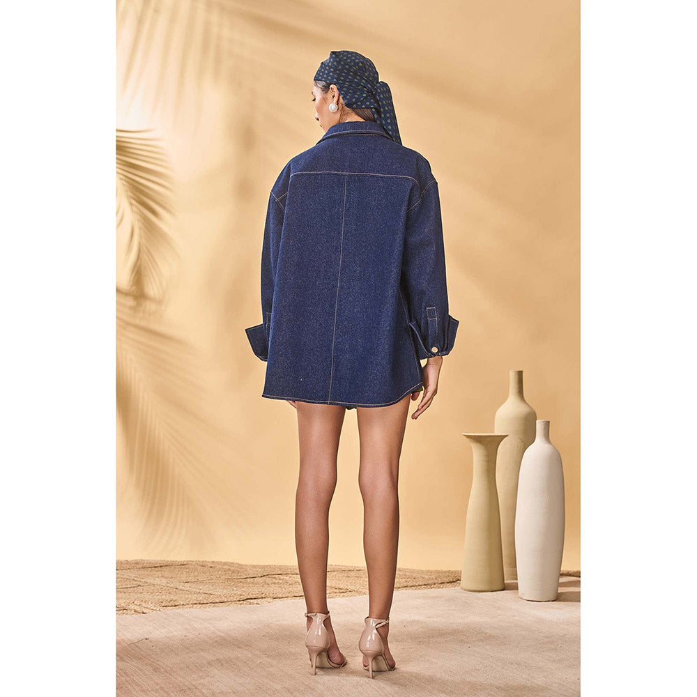 Masaba Blue Denim Trellis Shirt Short with Bustier and Shirt (Set of 3)