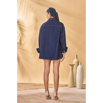 Masaba Blue Denim Trellis Shirt Short with Bustier and Shirt (Set of 3)