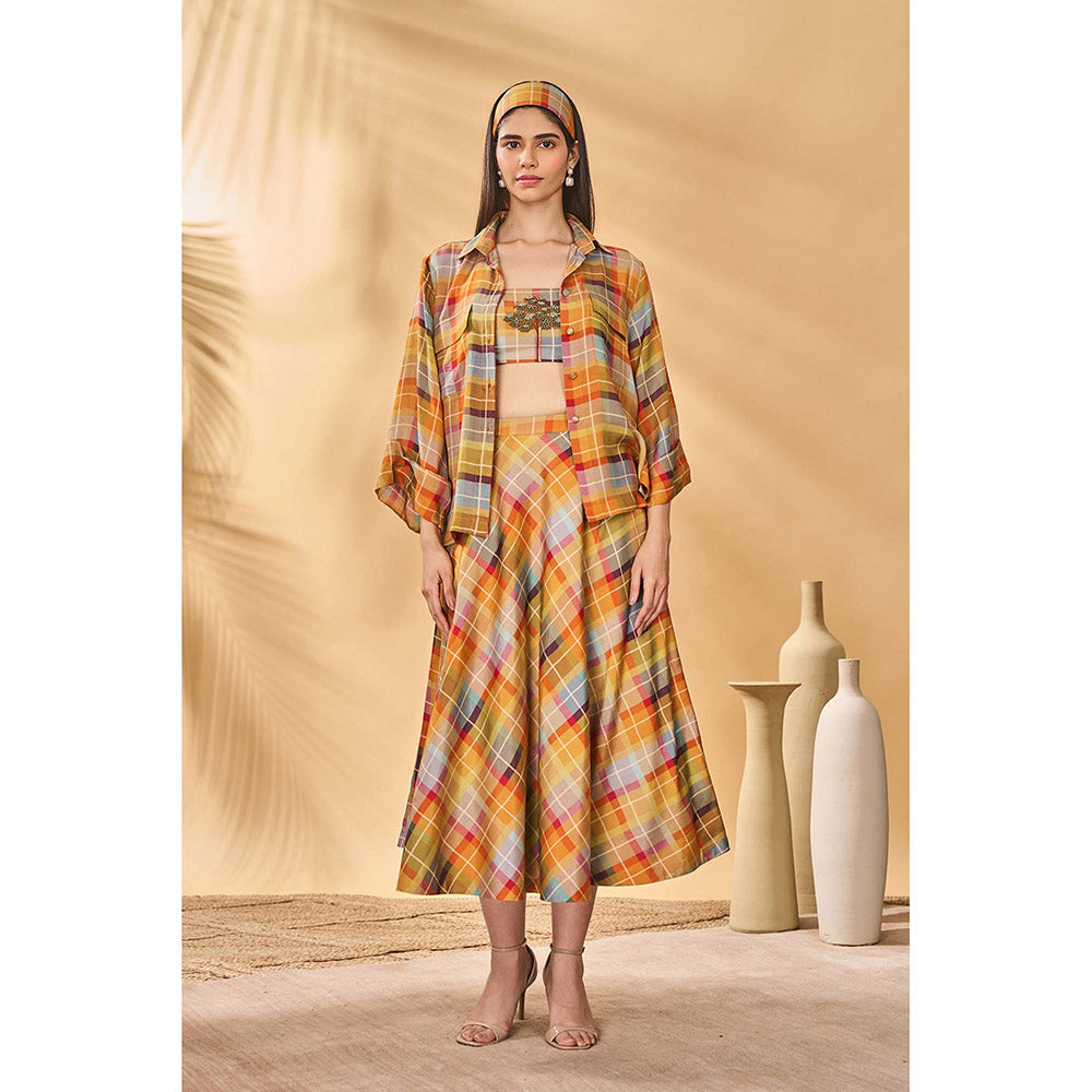 Masaba Multicolour Sundowner Checkered Bustier with Shirt and Skirt (Set of 3)