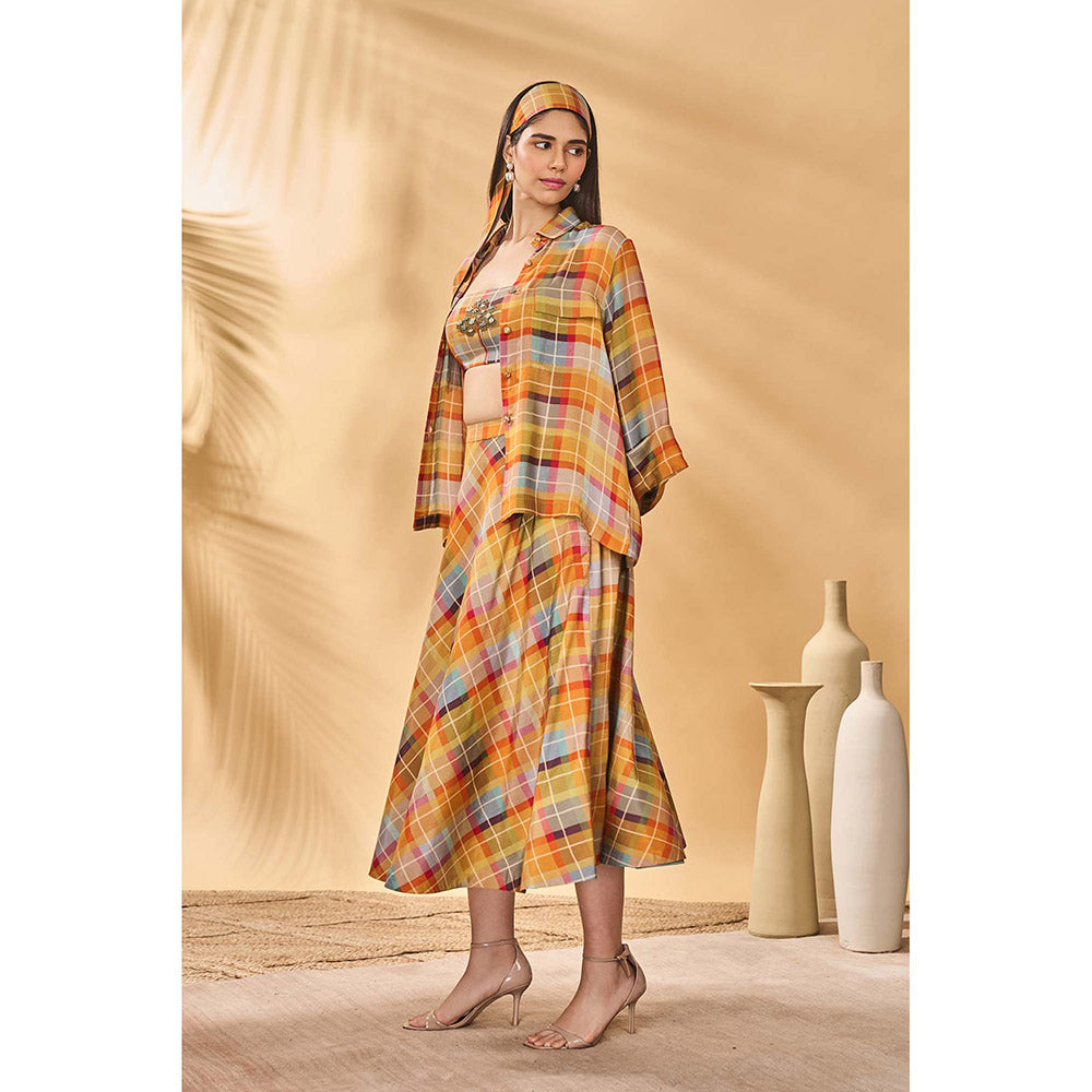Masaba Multicolour Sundowner Checkered Bustier with Shirt and Skirt (Set of 3)