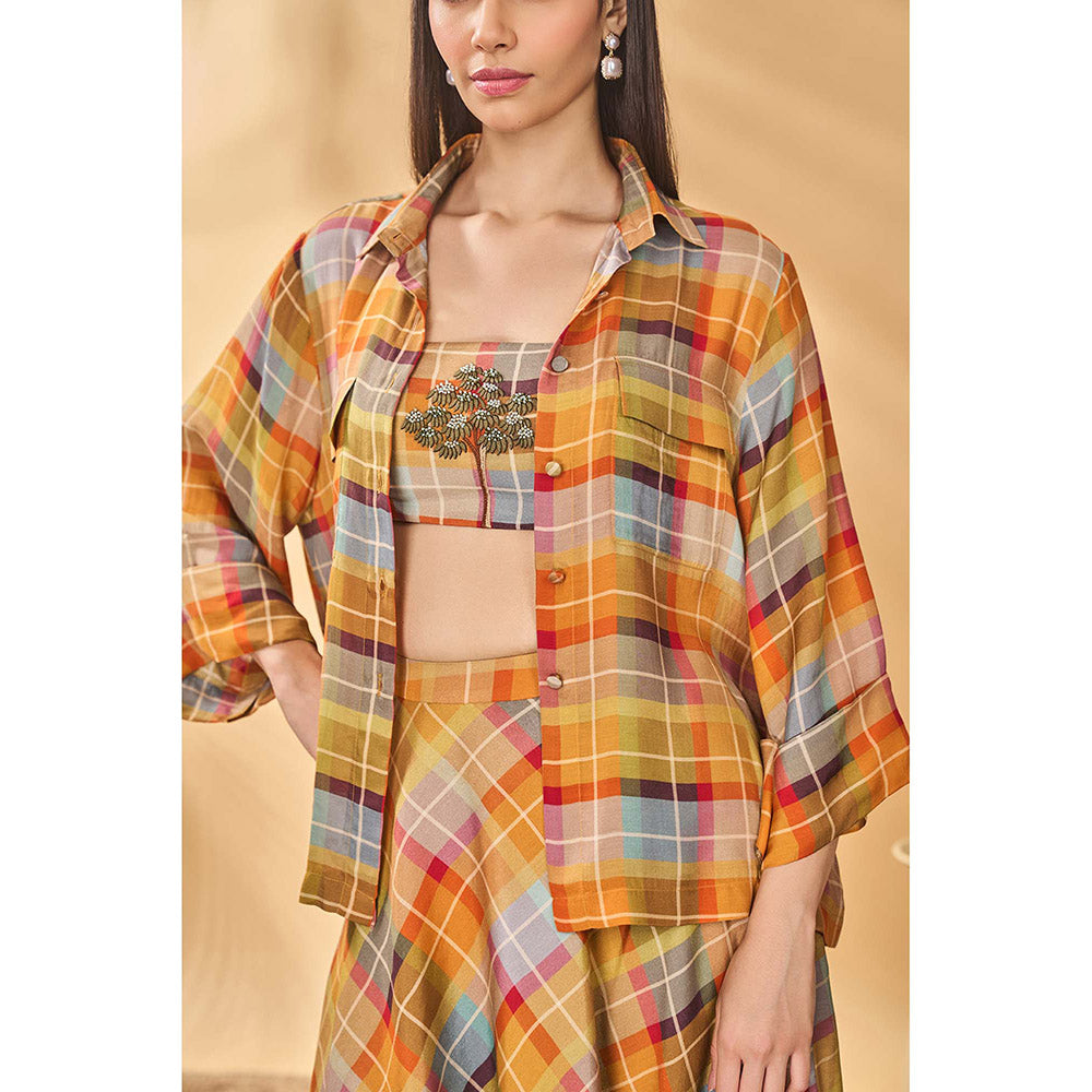 Masaba Multicolour Sundowner Checkered Bustier with Shirt and Skirt (Set of 3)