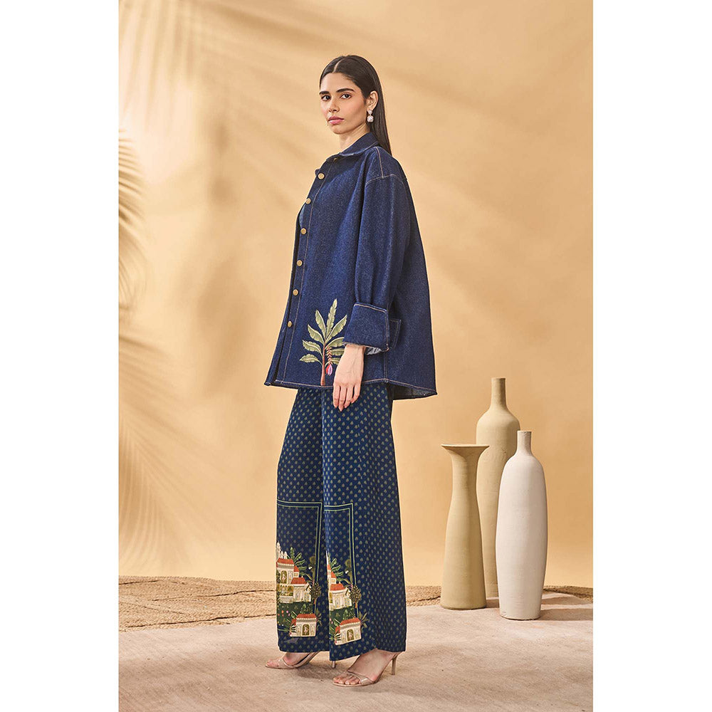 Masaba Blue Midnight Trellis Palm Bustier with Shirt and Pant (Set of 3)