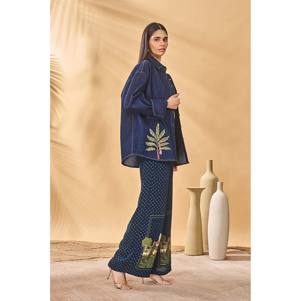 Masaba Blue Midnight Trellis Palm Bustier with Shirt and Pant (Set of 3)