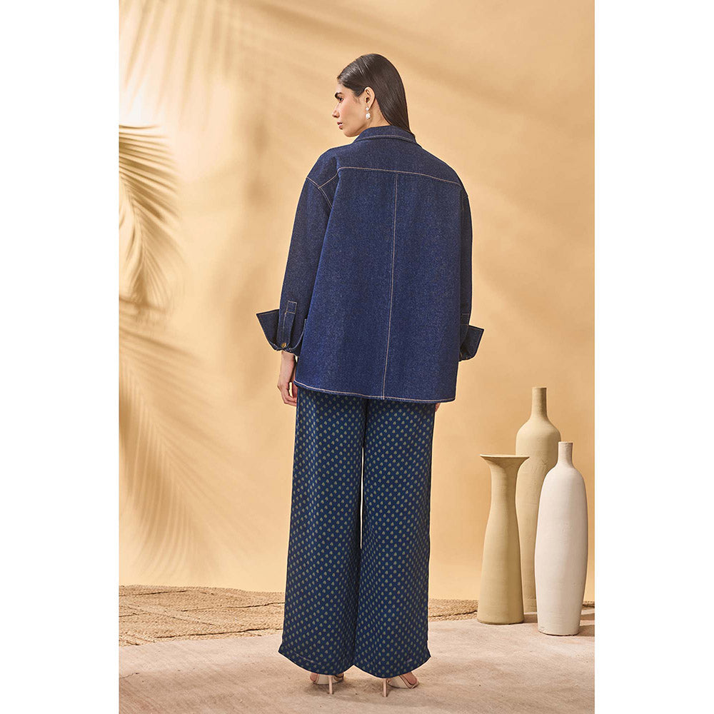 Masaba Blue Midnight Trellis Palm Bustier with Shirt and Pant (Set of 3)