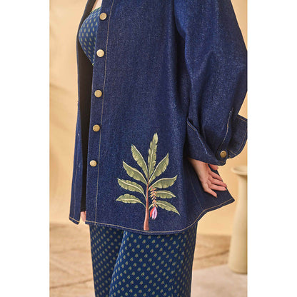 Masaba Blue Midnight Trellis Palm Bustier with Shirt and Pant (Set of 3)