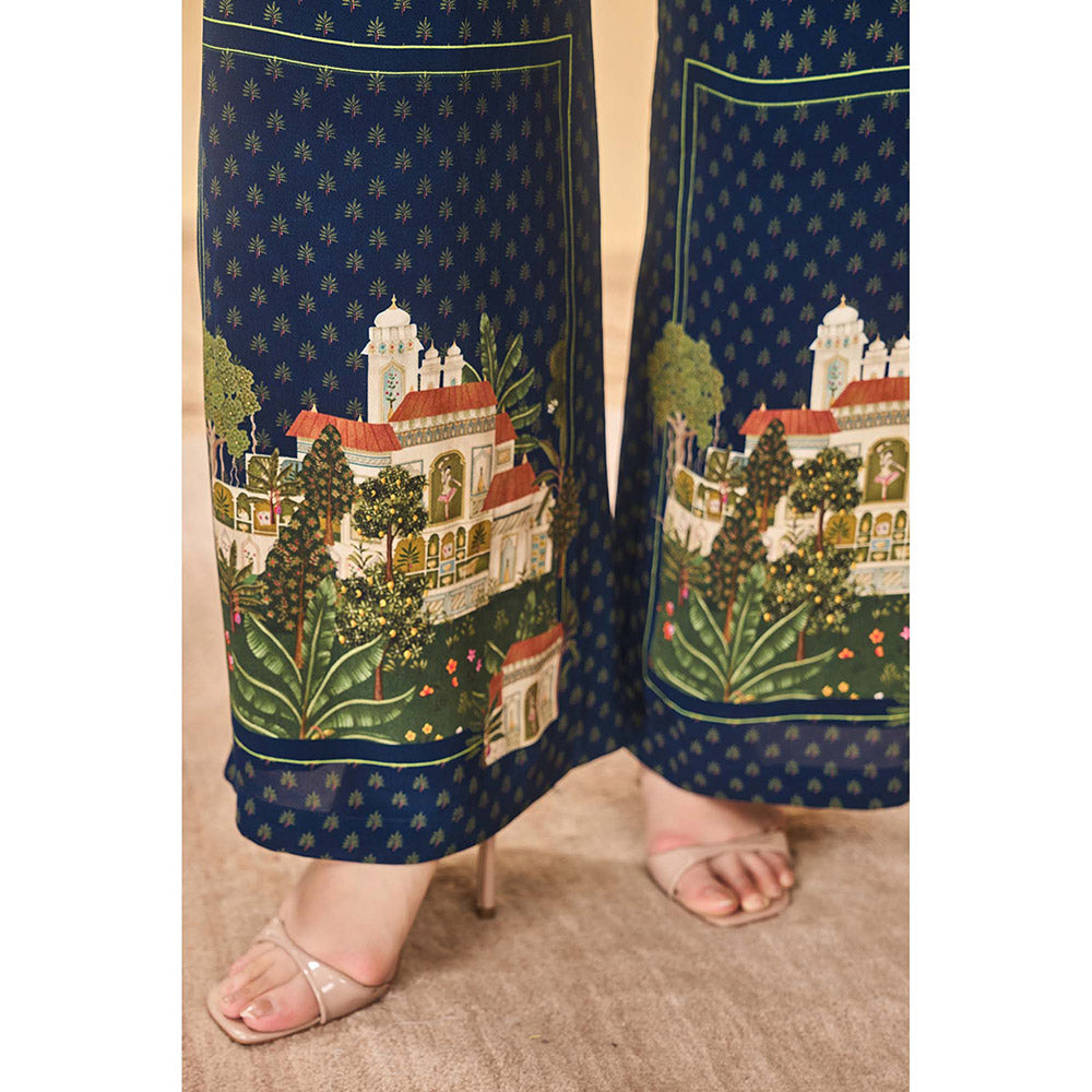 Masaba Blue Midnight Trellis Palm Bustier with Shirt and Pant (Set of 3)