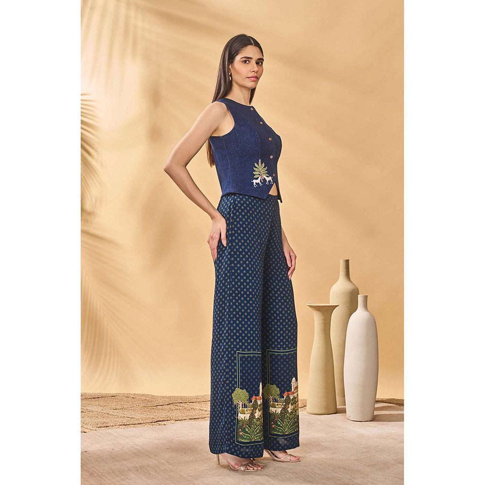 Masaba Blue Paw Tree Denim Waistcoat with Pant (Set of 2)