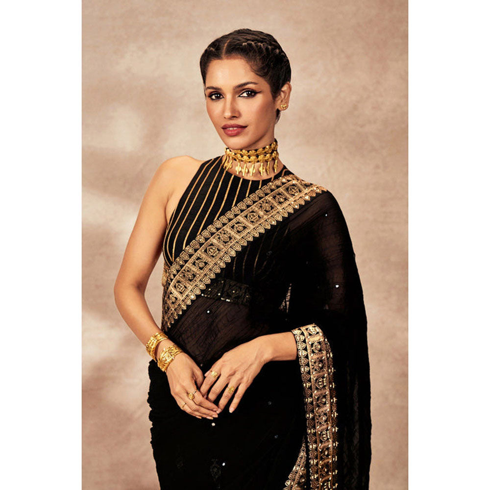 Masaba Black Potters Touch Crushed Saree with Unstitched Blouse