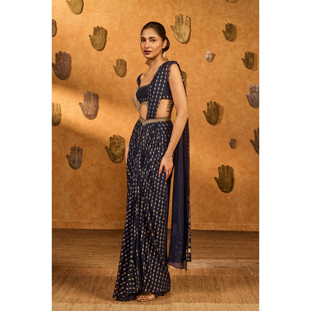 Masaba Navy Blue Snow Light Stitched Saree with Stitched Blouse