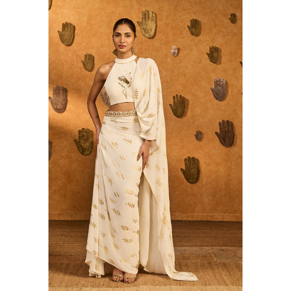 Masaba Ivory Soft Lantern Stitched Saree with Stitched Blouse