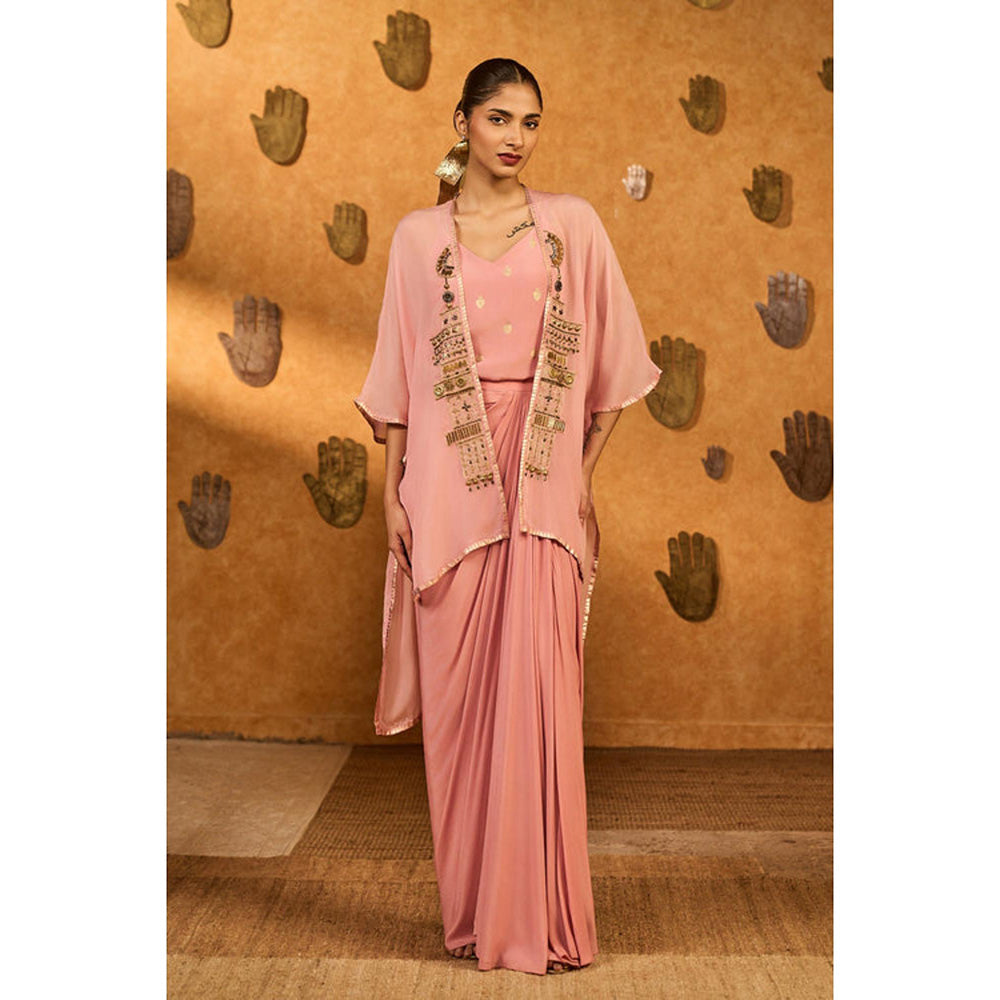 Masaba Champagne Pink Heartbeat Draped Skirt with Camisole and Cape