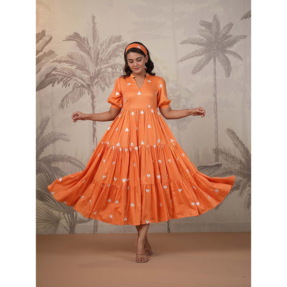Masoomm Orange Embroidered Midi Dress