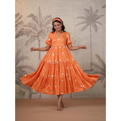 Masoomm Orange Embroidered Midi Dress