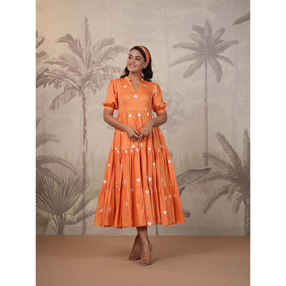 Masoomm Orange Embroidered Midi Dress