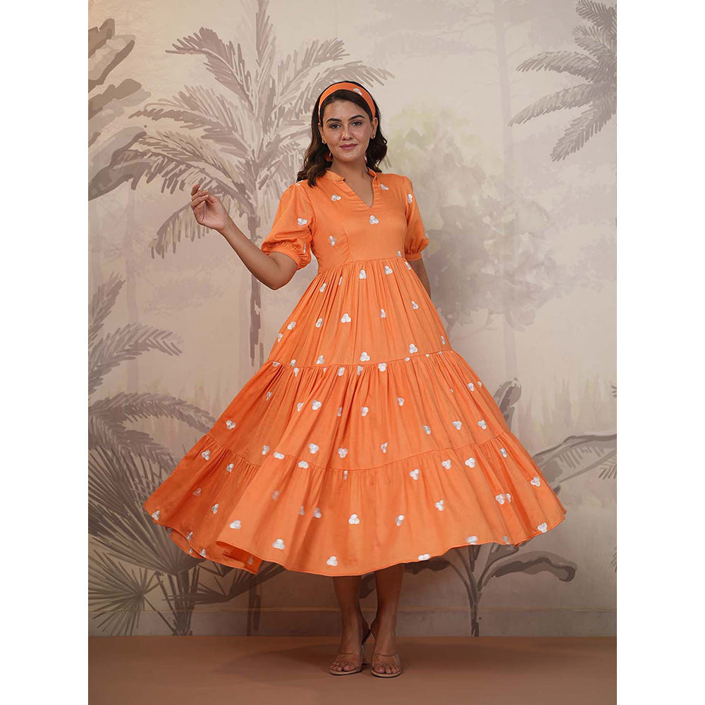 Masoomm Orange Embroidered Midi Dress
