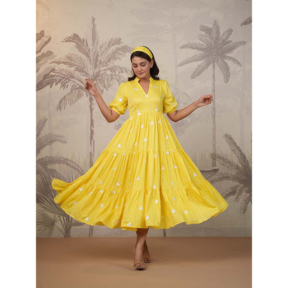 Masoomm Yellow Embroidered Midi Dress