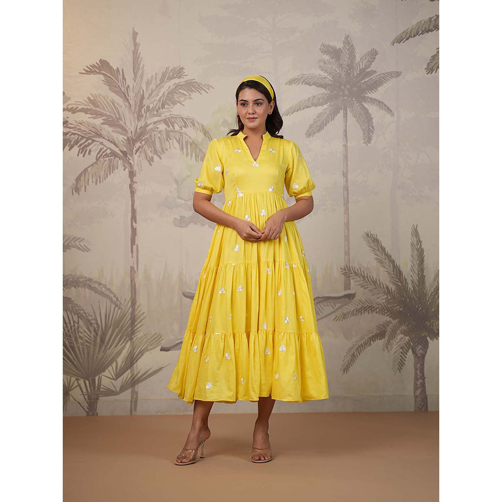 Masoomm Yellow Embroidered Midi Dress