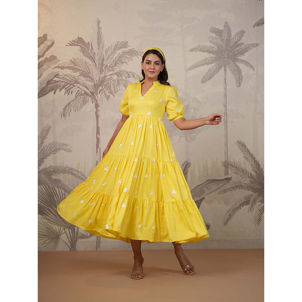 Masoomm Yellow Embroidered Midi Dress