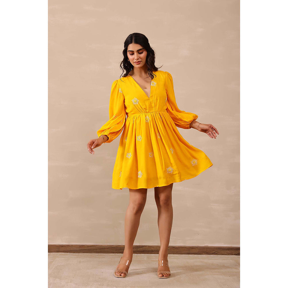 Masoomm Yellow Daisy Floral Embroidered Mini Dress