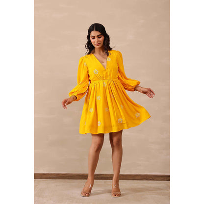 Masoomm Yellow Daisy Floral Embroidered Mini Dress