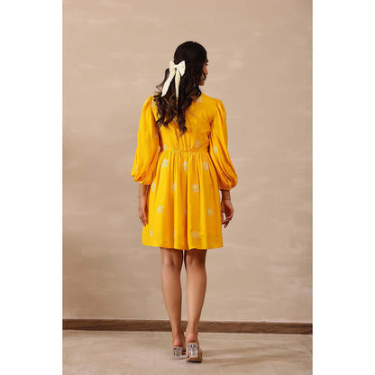 Masoomm Yellow Daisy Floral Embroidered Mini Dress